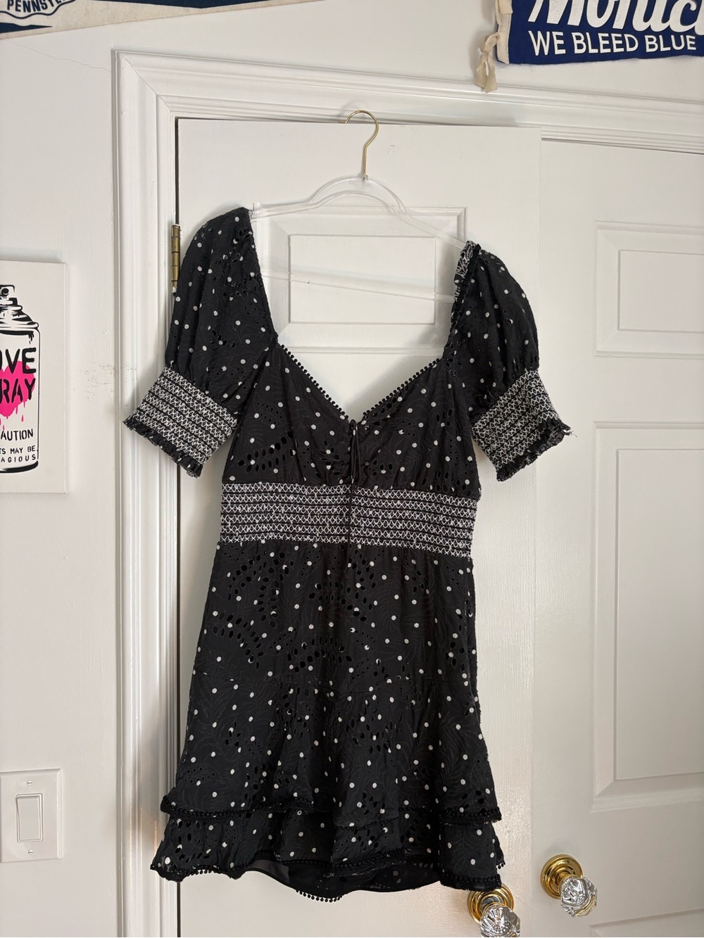 Alice + Olivia Black Mini Dress with White Eyelet Polka Dots